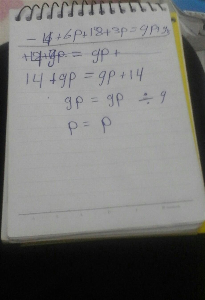 -4+6p+18+3p=9(p+1)+5 What is the answer?-example-1