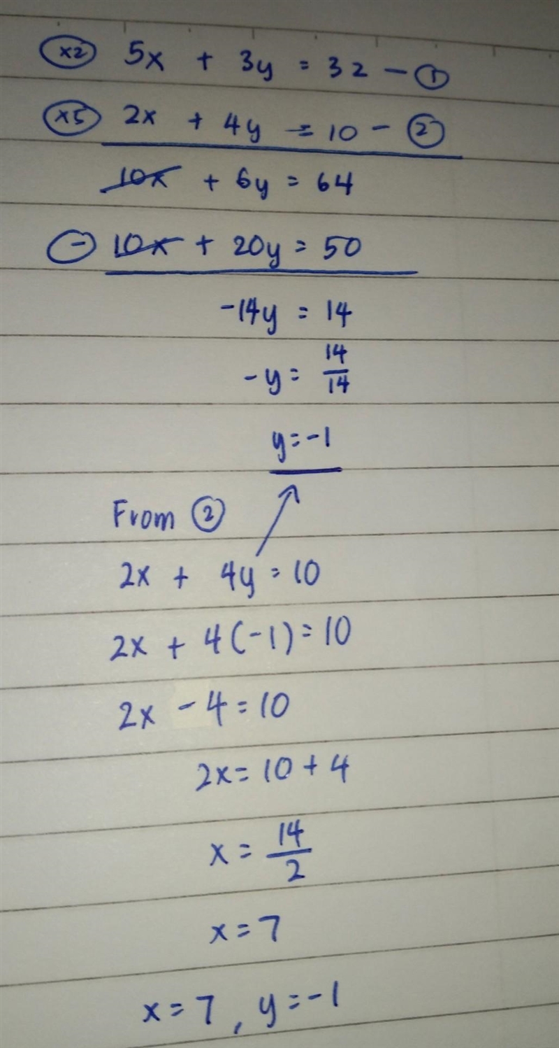 Solve 5x+3y=32 2x+4y=10-example-1