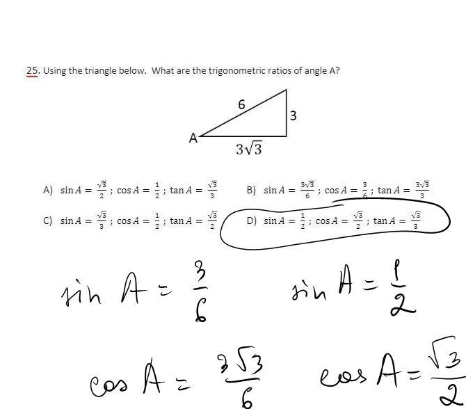 Using the triangle below. What are the trigonometric ratios of angle A?-example-1