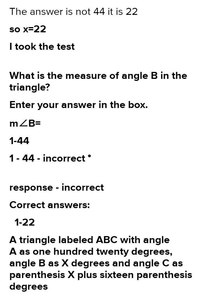 What is the measure of angle B in the triangle? Enter your answer in the box. m∠B-example-1