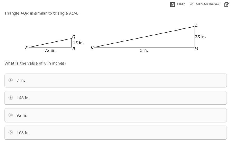 Triangle PQR is similar to triangle KLM. What is the value of x in inches?-example-1