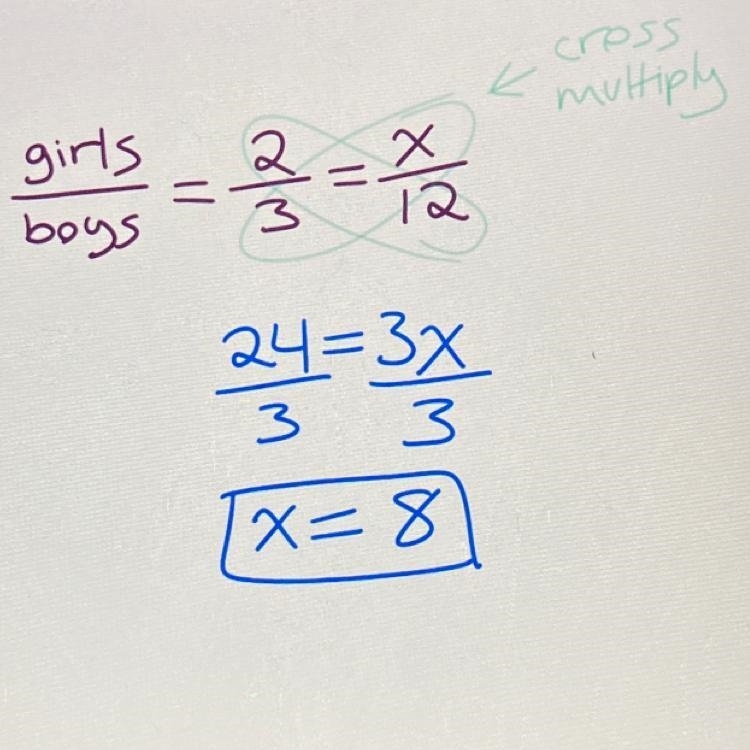 The ratio of girls to boys is 2:3. There are 12 boys. How many girls are there?-example-1