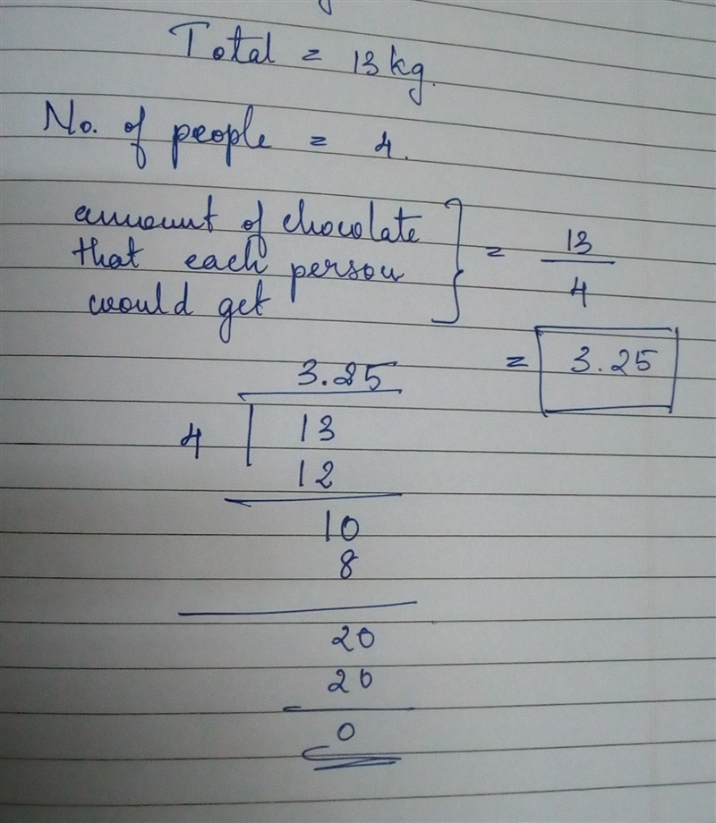 How many kilograms of chocolate will each person get if 4 people share 13 of a kilogram-example-1