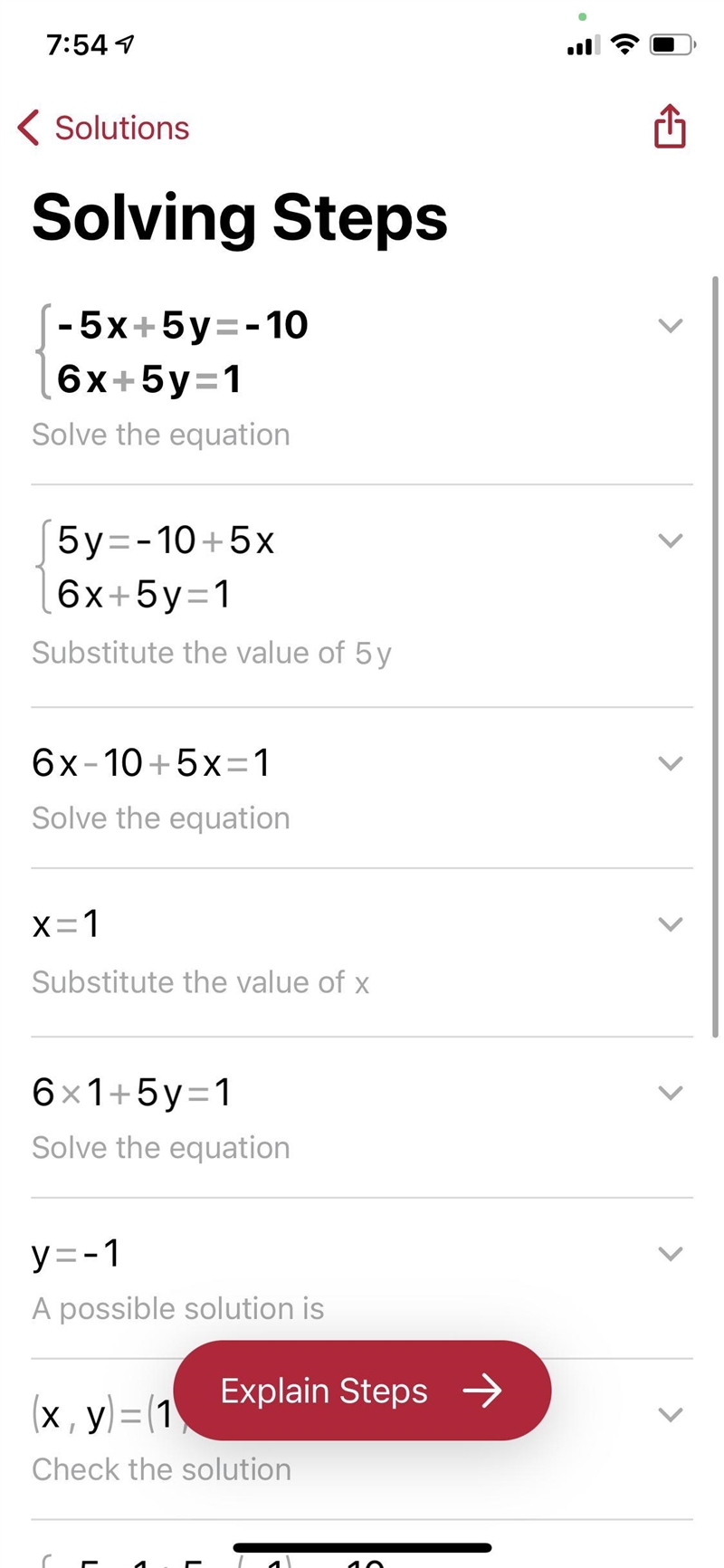 Find the solution of the system of equations. −5x+5y=-10 6x+5y=1-example-1