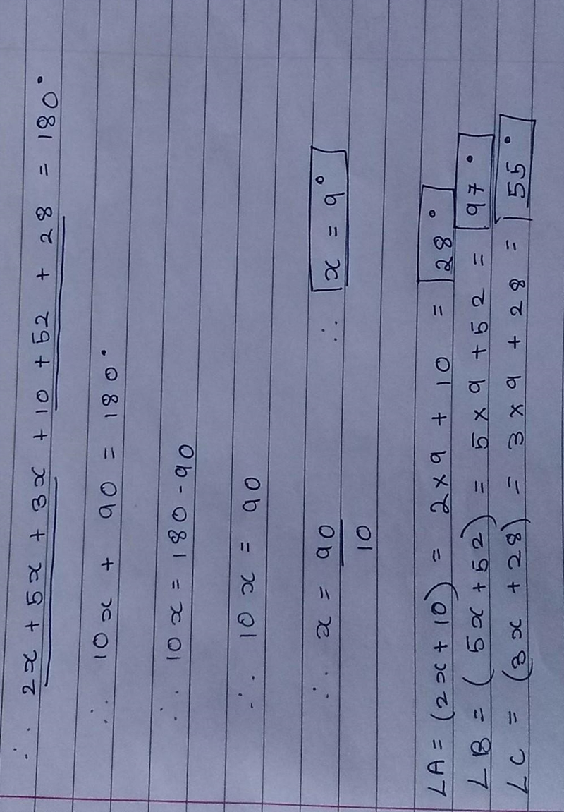 3. Triangle ABC has angle measures as shown. (5x + 52) (3x+28) (2x-10) (a) What is-example-2