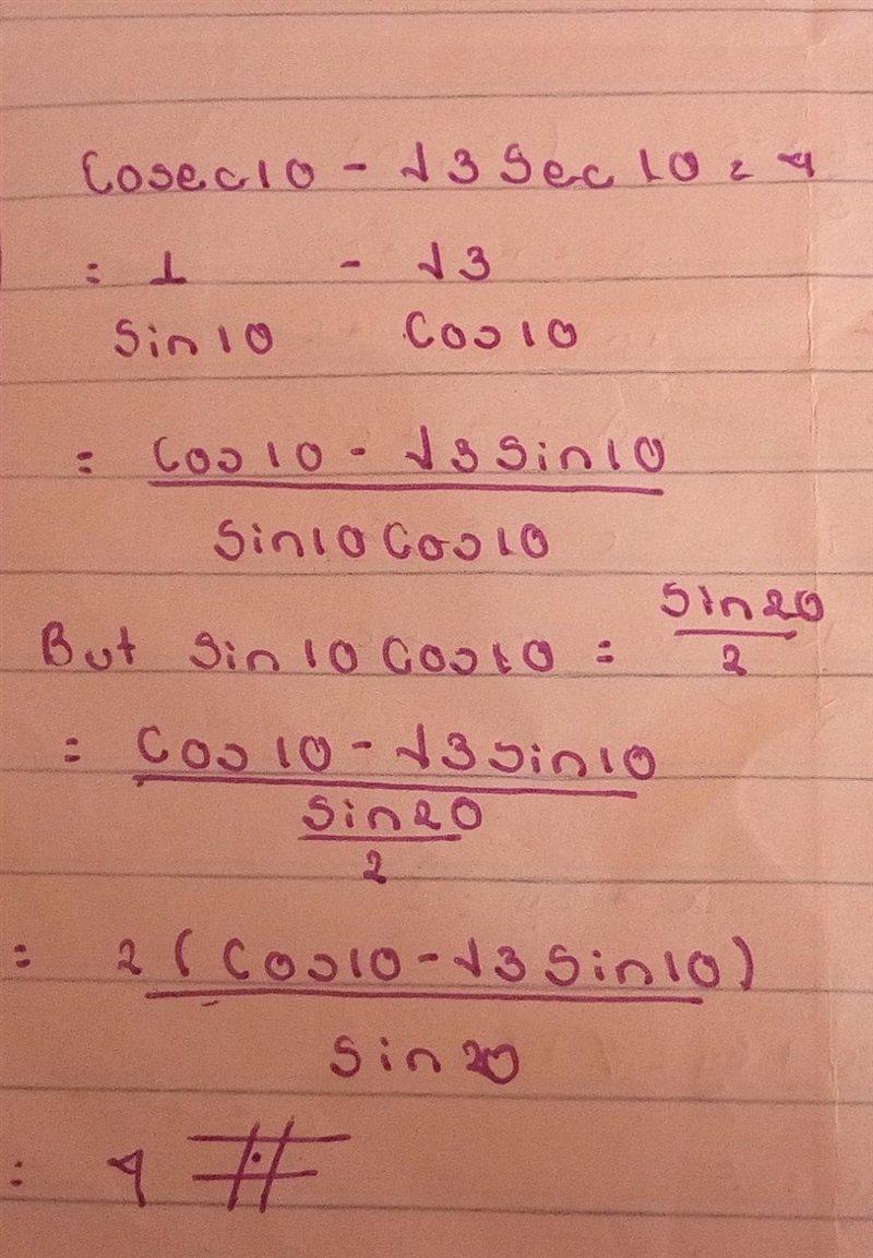 Cosec 10 - √3 sec10 = 4 prove without calculator ​-example-1