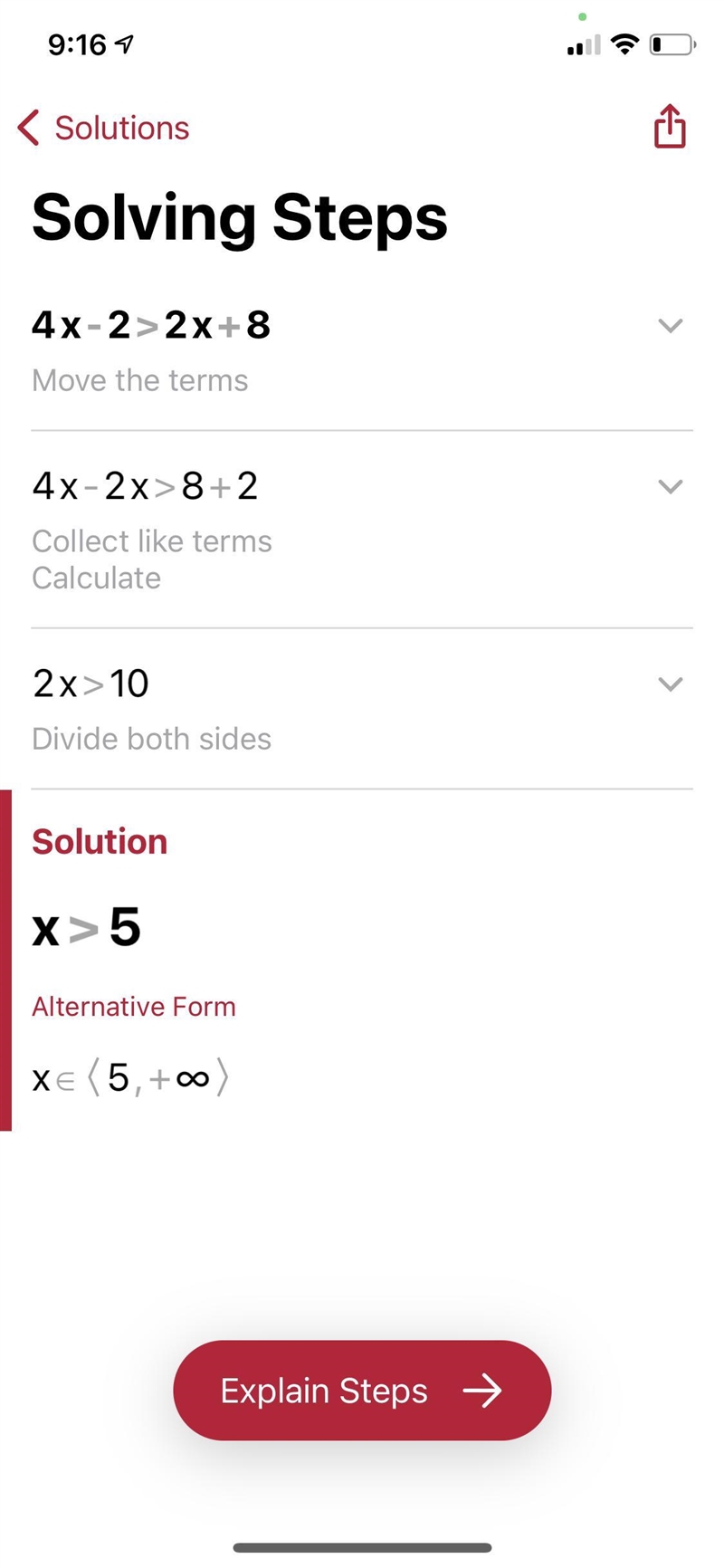 Solve each inequality and show work. 1) 4x - 2 > 2x + 8 2) -3x - 6 > 4x - 20 3) 4(x-example-1