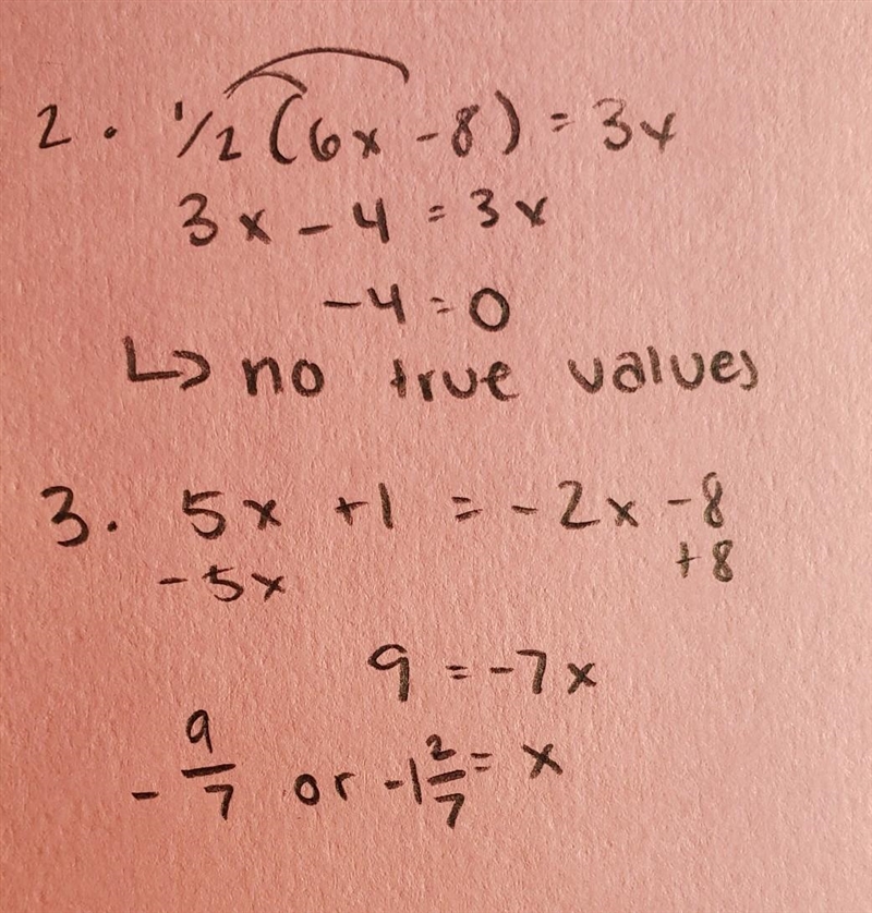 Can anyone help me solve these equations? 1. 2x + 6 + x -12 2. 1/2 (6x -8) = 3x 3. 5x-example-1