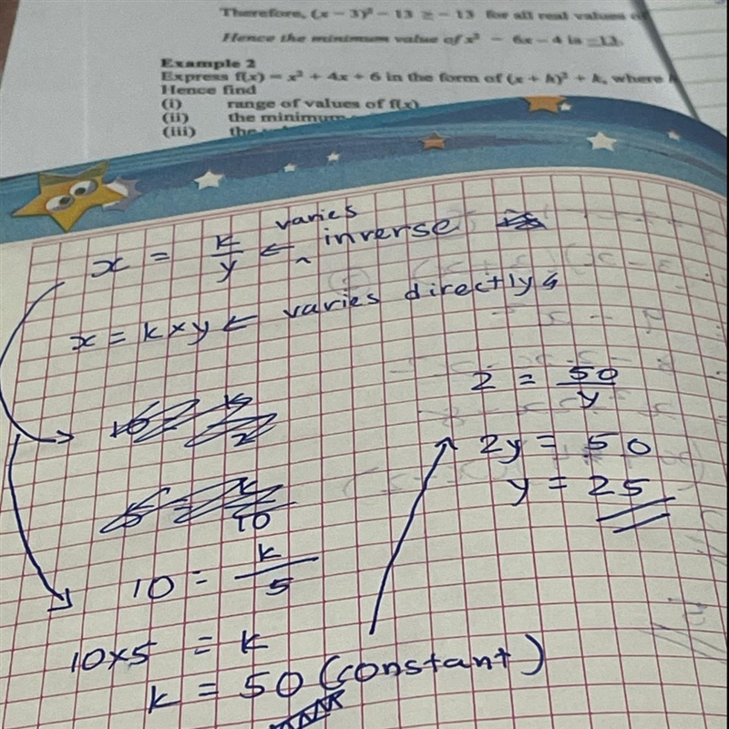 If y varies inversely as x and y = 5 when x = 10, find y when x = 2.-example-1