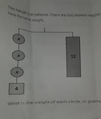 This hanger is in balance. There are two labeled weights of 4 grams and 12 grams. The-example-1