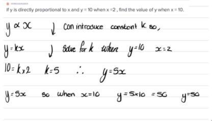 10 y is directly proportional to x 2 . If y = 8 when x = 2 find x when y = 50-example-1