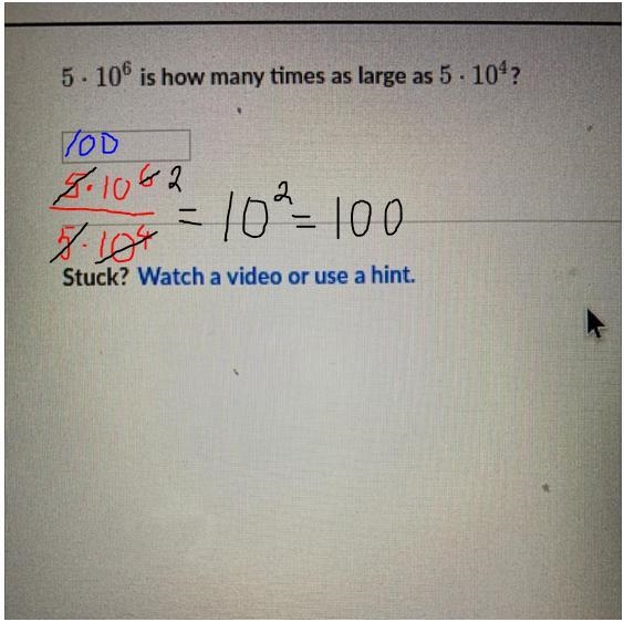 5. 10^6 is how many times as large as 5 . 10^4-example-1