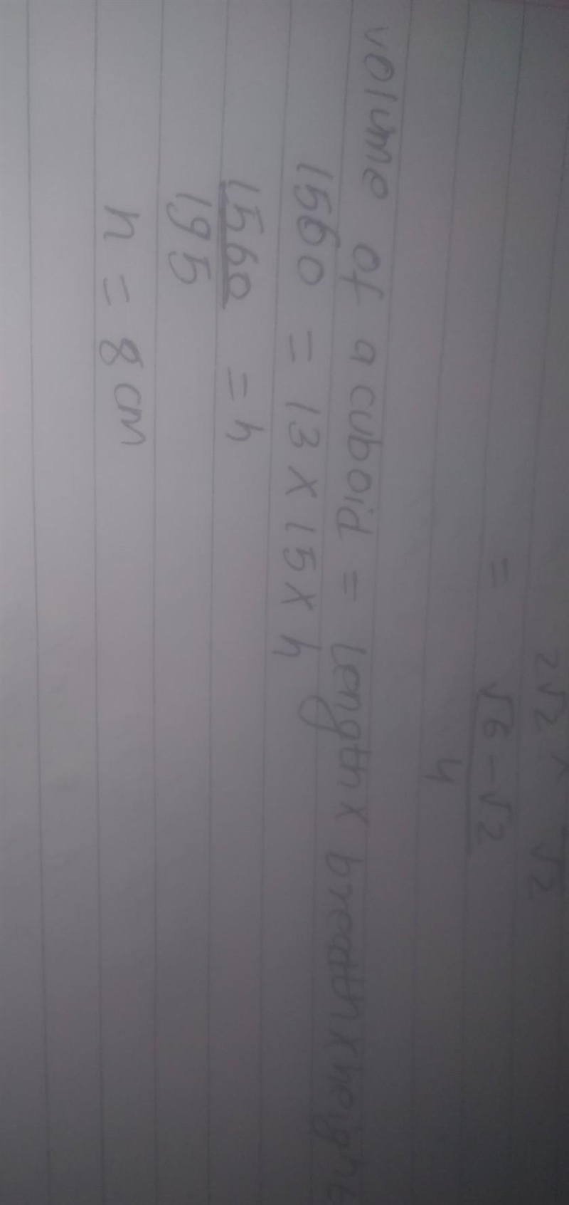 The volume of a cuboid is 1560cm3. The length is 13cm and the width is 15cm. Work-example-1