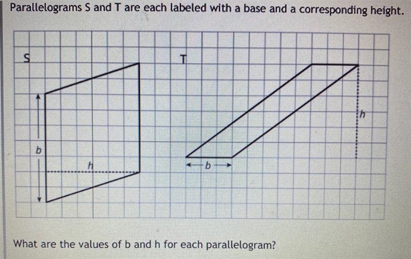 Parallelograms s and t are each labeled with a base and a corresponding height-example-1