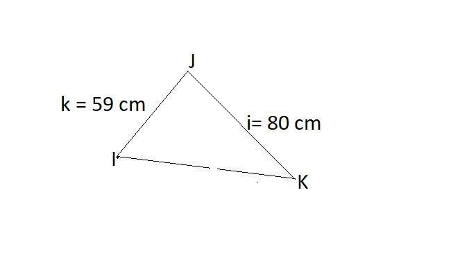 In ΔIJK, k = 59 cm, i = 80 cm and ∠J=106°. Find the length of j, to the nearest centimeter-example-1