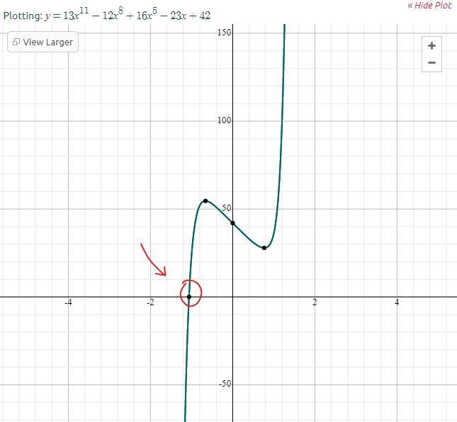 How many zeros does the function f(x) = 13x11 – 12x8 + 16x5 – 23x + 42 have?-example-1