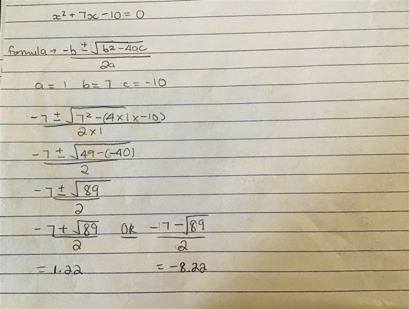 Solve this quadratic equation x2 + 7x – 10 = 0-example-1