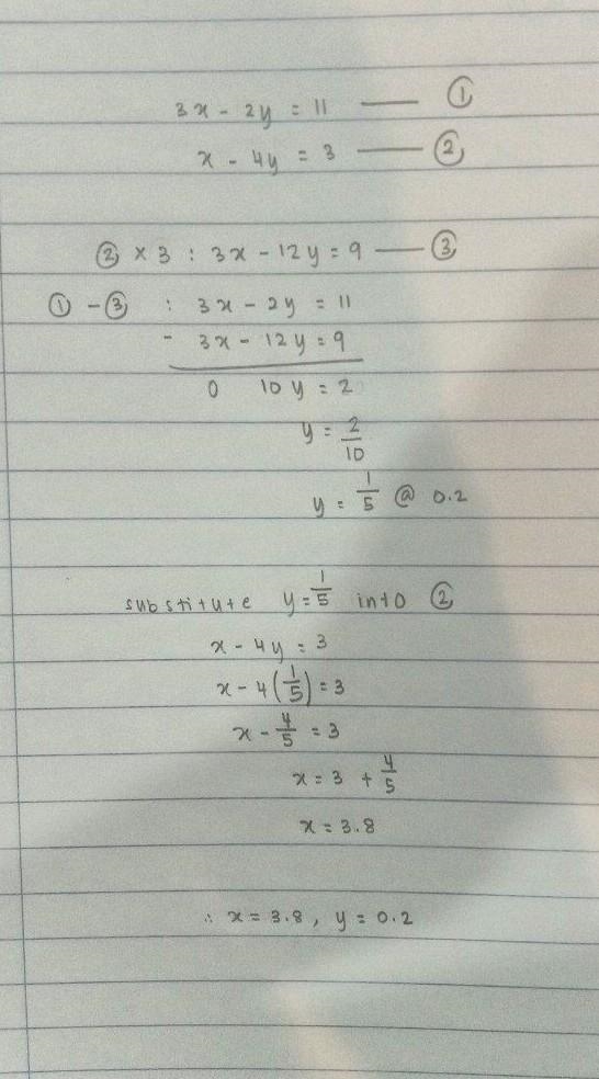 (Linear Equation) solve by the Elimination method 3x-2y=11 (I) x-4y=3​-example-1