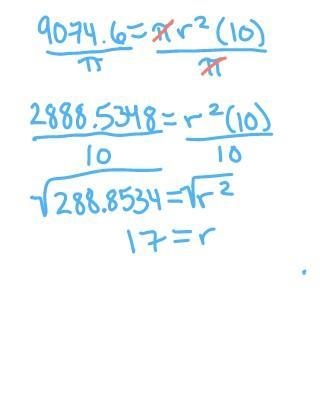 A cylinder has a height of 10 millimeters. It’s volume is 9,074.6 cubic millimeters-example-1