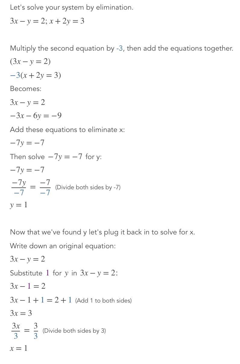 3x-y=2 x+2y=3 elimination method-example-1