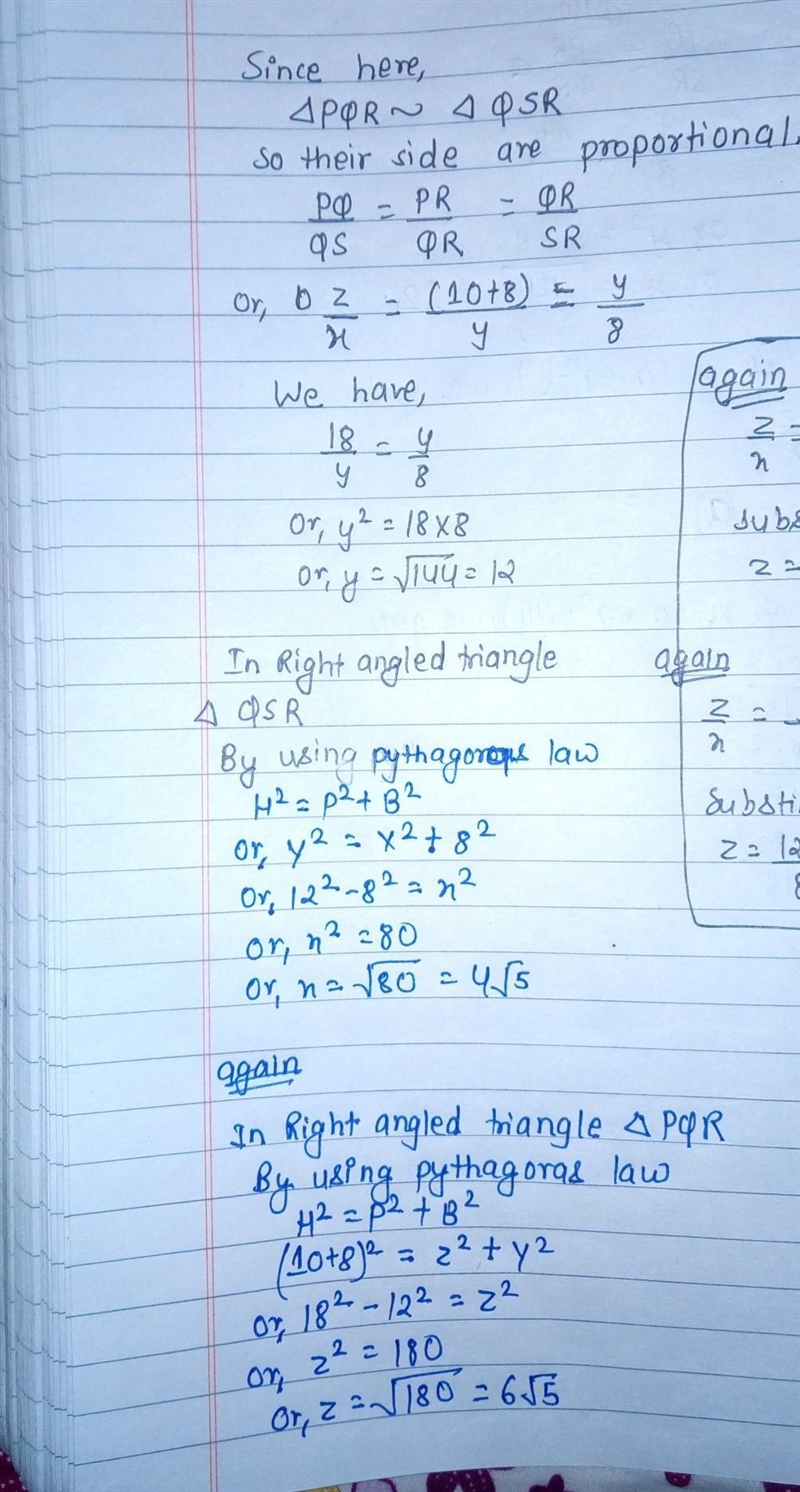 See figure in triangle PQR,ANGLE PQR=90°,segQS seg PR find x,y and z ​-example-1