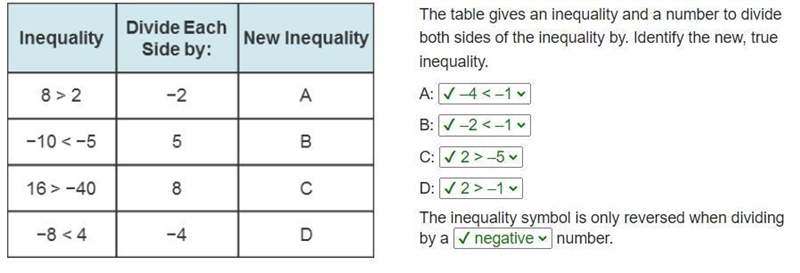 A 3-column table with 4 rows. Column 1 is labeled Inequality with entries 8 greater-example-1