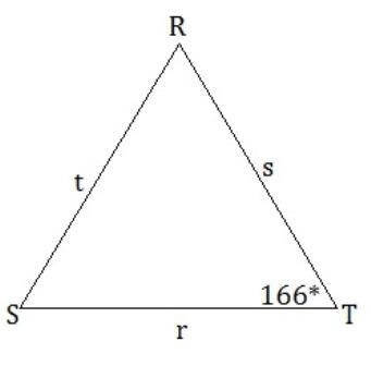 In ΔRST, r = 210 inches, t = 550 inches and ∠T=166°. Find all possible values of ∠R-example-1