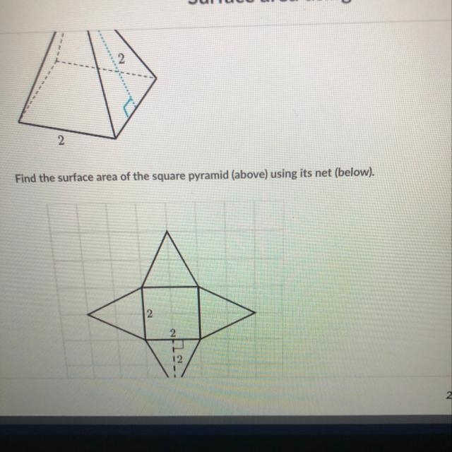 Check out this square pyramid: Find the surface area of the square pyramid (above-example-1