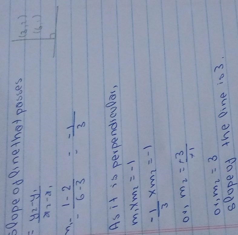 A line passes through the points (3, 2) and (6, 1). What is the slope of a line that-example-1