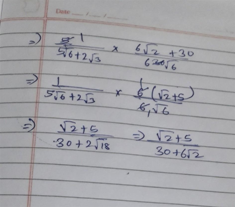 \frac{5}{5 \sqrt{6 + 2 √(3) } } * ( (1)/(5 √(3) ) + (3 √(2) )/(2 √(3) ) - (2 √(3) )/(3 √(2) ) ) = ....................​-example-2