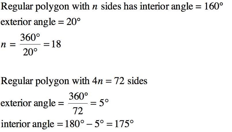 A regular polygon has n sides and interior angles on 160° Find the size of each interior-example-1