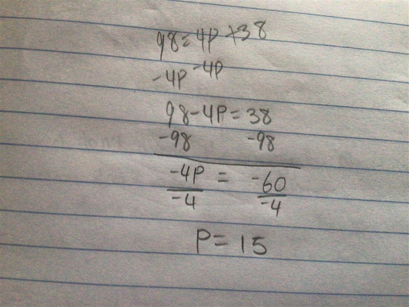 Solve for p. 98 = 4p + 38-example-1