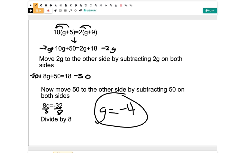 10(g+5)=2(g+9). please help-example-1