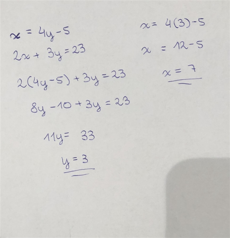 X=4y-5 2x+3y=23 Solve using the substitution method-example-1