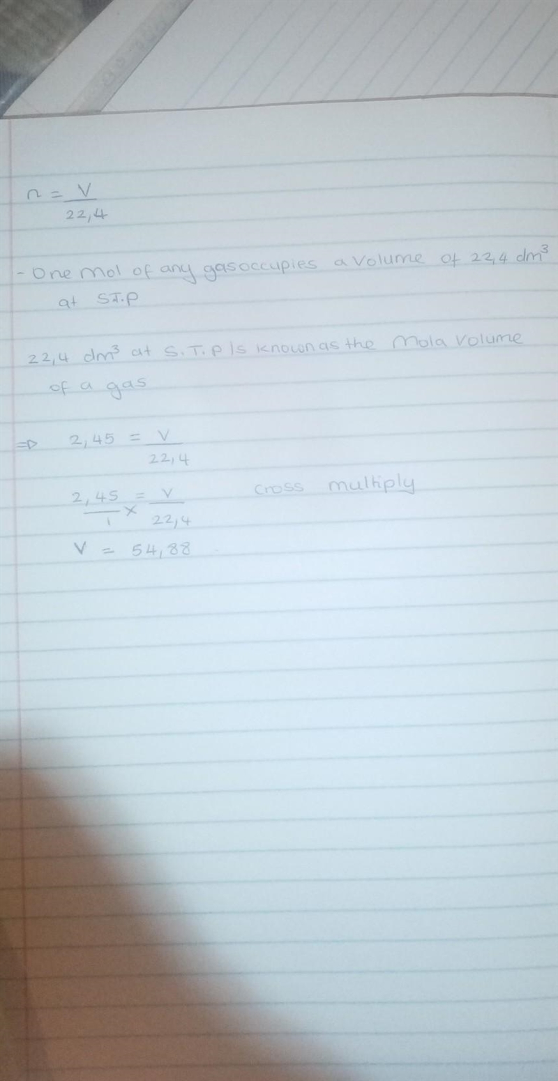 Calculate the volume of 2.45 moles of hydrogen gas at STP.-example-1