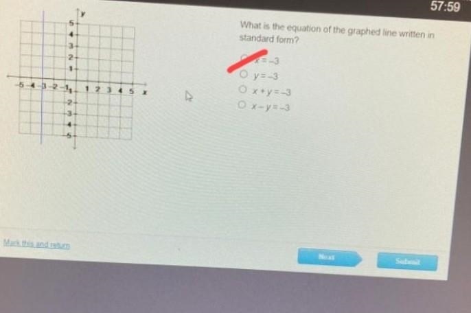 What is the equation of the graphed line written In standard form? ® x=-3 y=-3 A © x-example-1