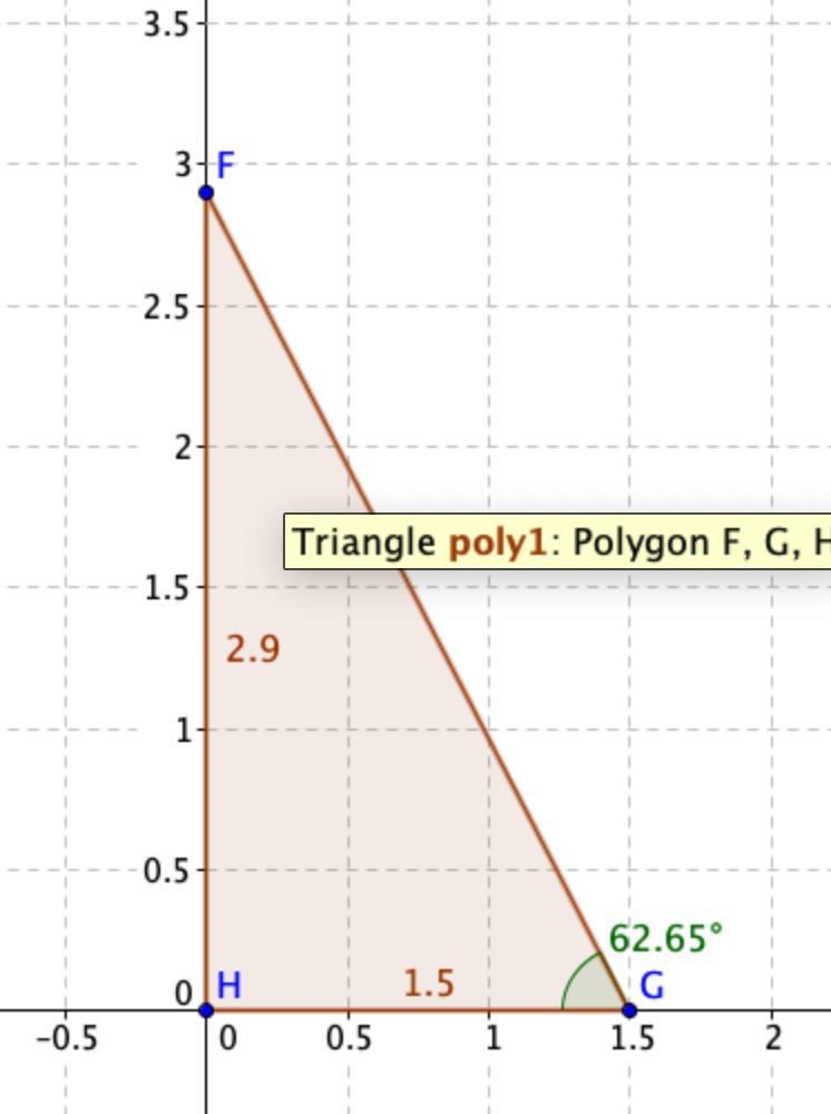 In AFGH, the measure of ZH=90°, HF = 2.9 feet, and GH = 1.5 feet. Find the measure-example-1