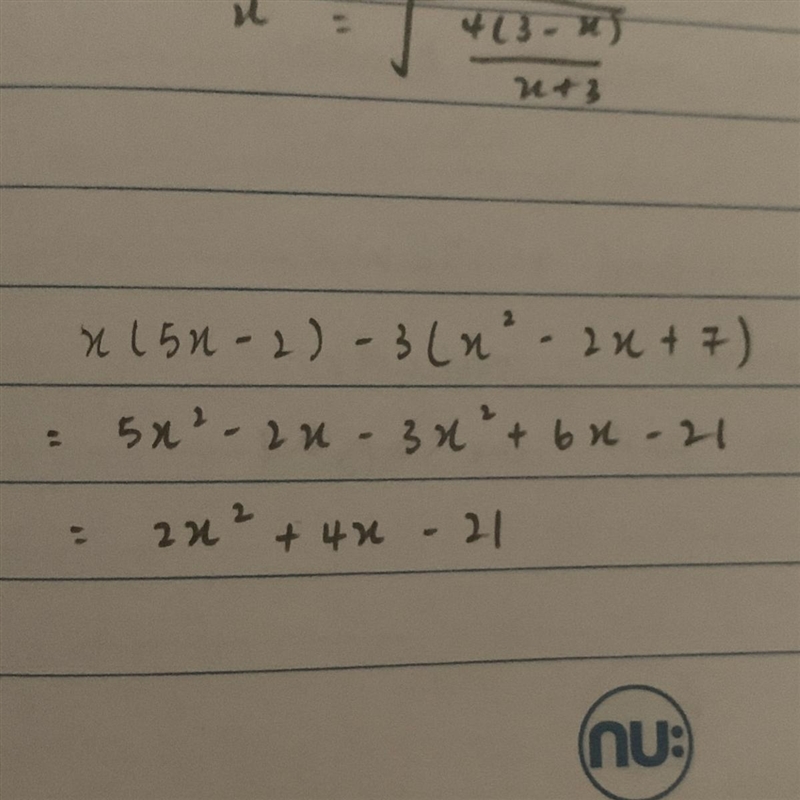 3. (a) Expand and simplify the following expression. X(5x-2)-3(x^2-2x+7)-example-1