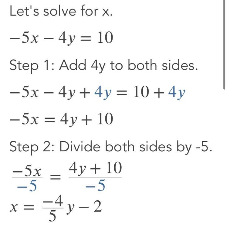 Whats the x value of -5x - 4y=10-example-1