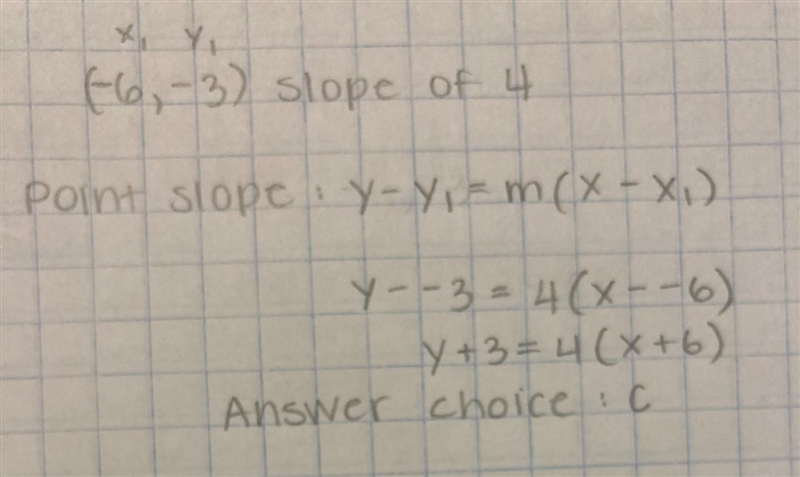 Given point (-6, -3) and a slope of 4, write an equation in point-slope form.-example-1