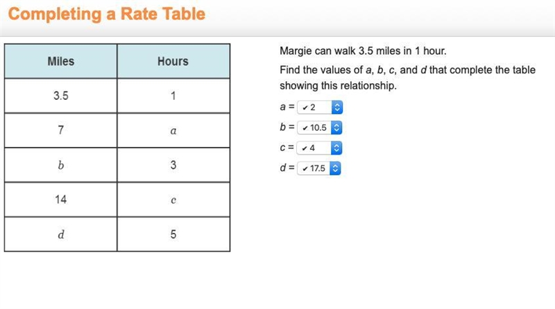 Unit Rates Assignment Active Completing a Rate Table Miles Hours Margie can walk 3.5 miles-example-1