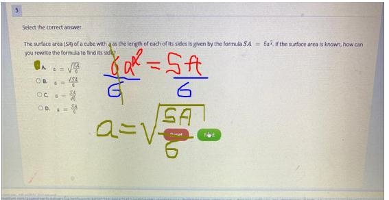 Select the correct answer. The surface area (SA) of a cube with a as the length of-example-1