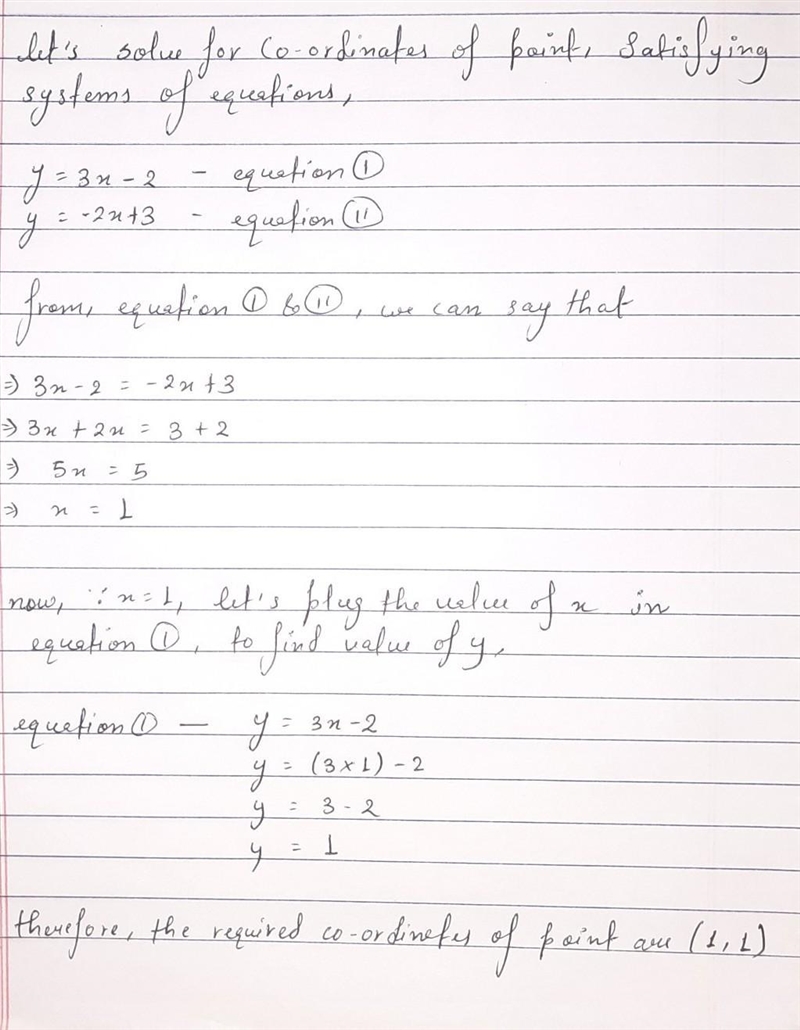 Which point satisfies the system of equations y = 3x − 2 and y = -2x + 3?-example-1