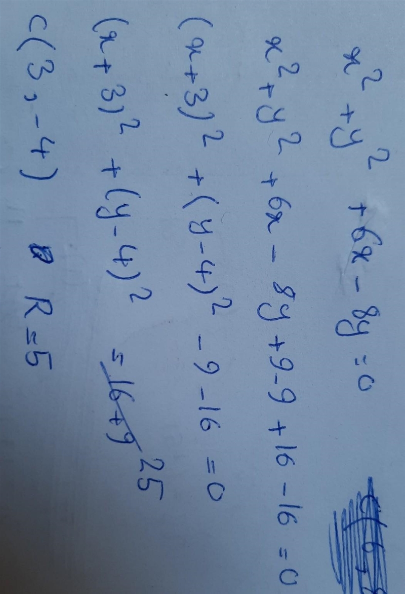 Give the center and the radius of the circle of x^2+y^2+6x-8y=0​-example-1