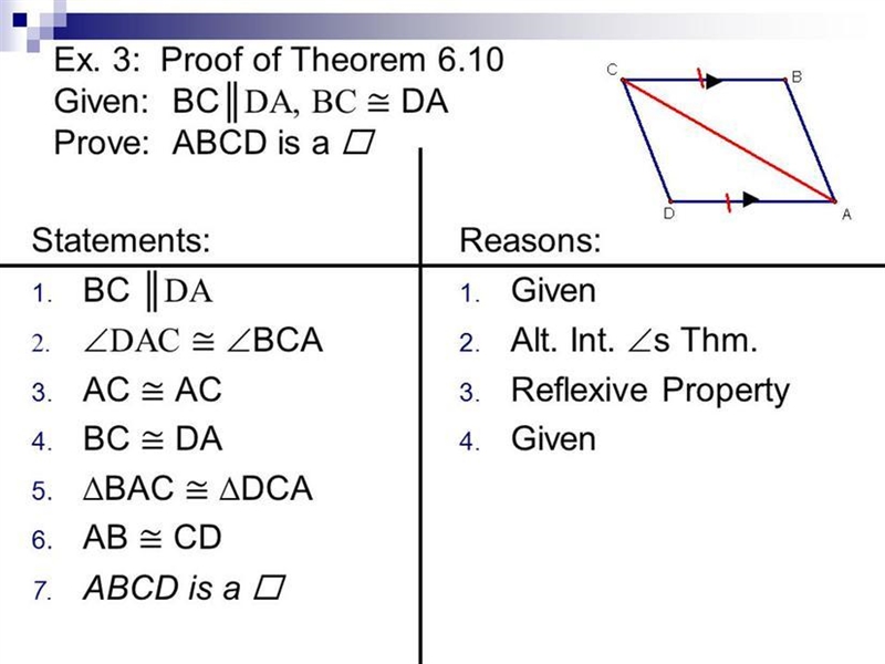 Given: BC is parallel to DA, BC is congruent to DA Prove: ABCD is a parallelogram-example-1