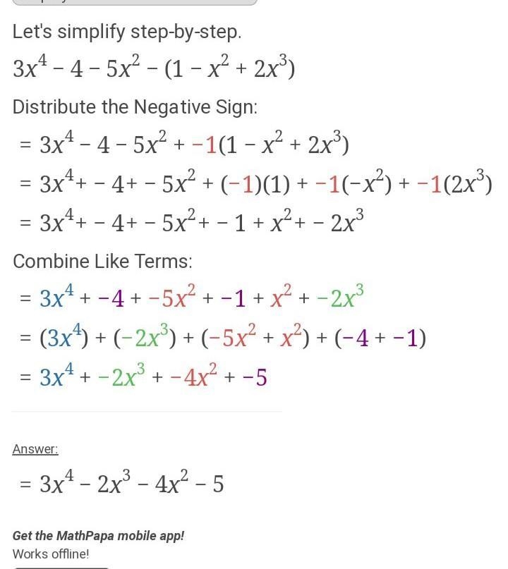 Simplify (3x^4 - 4 - 5x^2) - (1 - x^2 + 2x^3)-example-1