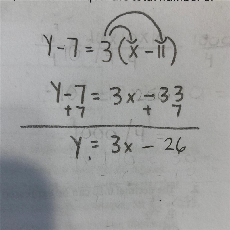 What is the slope intercept form of the equation y-7=3(x-11)? A. y=3x-26 B. y=-3x-example-1