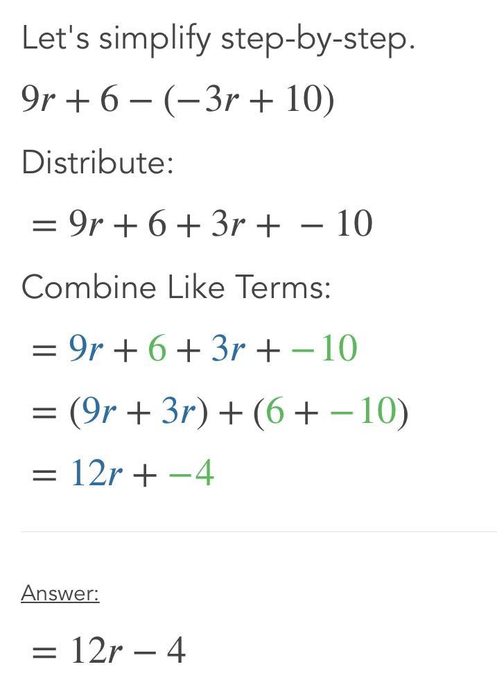 Add (9r + 6) + - (-3r + 10) pls show steps-example-1