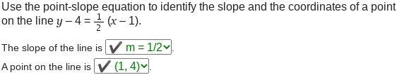 Use the point-slope equation to identify the slope and the coordinates of a point-example-1