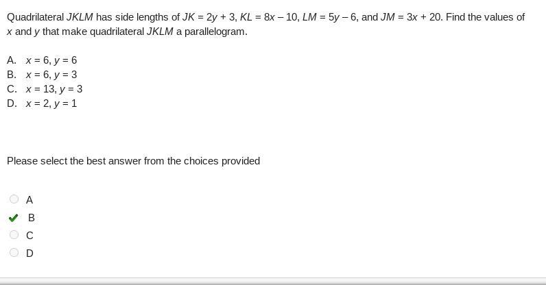 Quadrilateral JKLM has side lengths of JK = 2y + 3, KL = 8x – 10, LM = 5y – 6, and-example-1